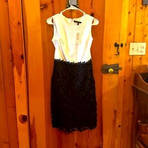 Satin and lace sheath dress. WHBM. Black and white (ecru). Size 4.